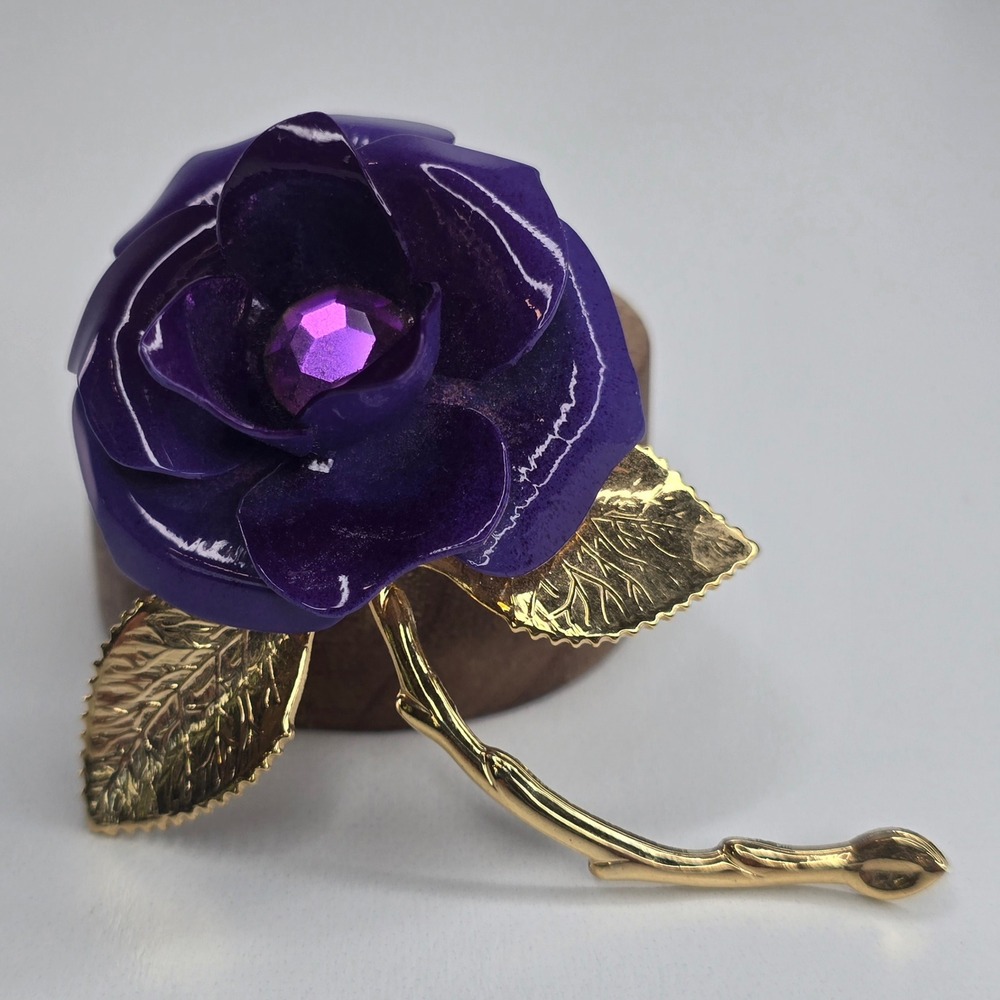 Vintage Style Purple Enamel Rose Brooch Gold Tone Rhinestone Floral Pin
